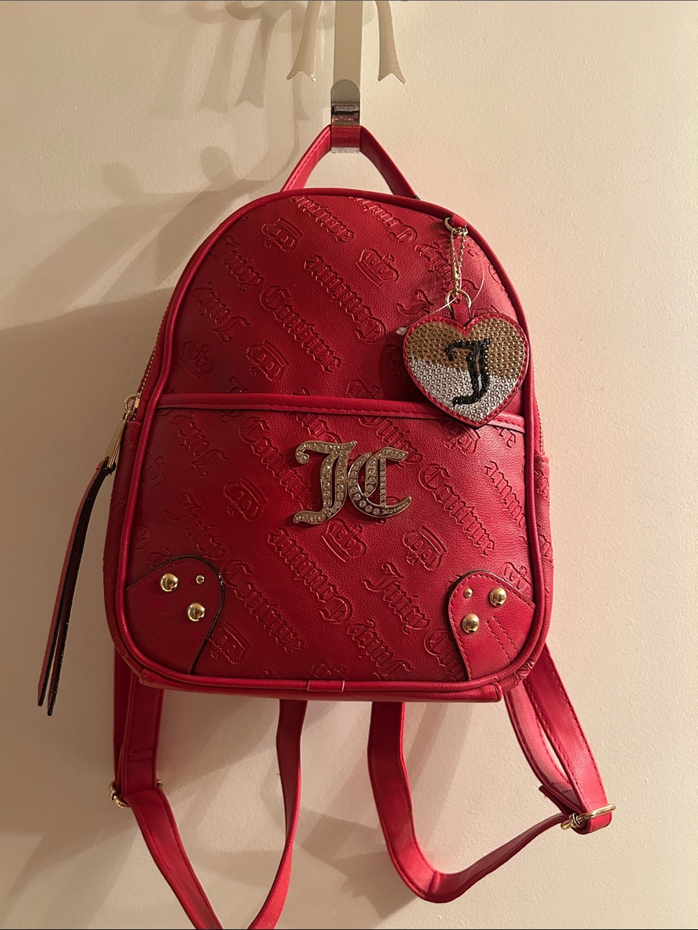 NEW Juicy Couture Red Embossed Mini Backpack with Sequin Heart Charm